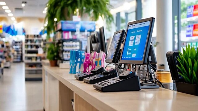 Modern checkout area in a retail store with multiple screens and vibrant product displays