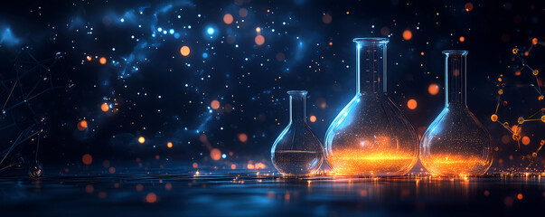 Futuristic Chemical Lab – Glowing Glass Beakers with Neon Liquid in Digital Science Background