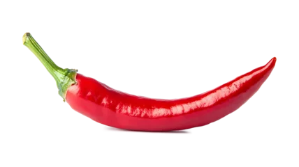 A red chili pepper is shown in its natural form. The pepper is long and slender, with a green stem at the top. Concept of freshness and natural beauty