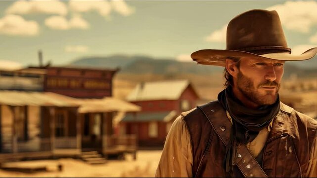 A cowboy in a hat and leather jacket stands in the background of an old western town, perfect for westerns and historical projects
