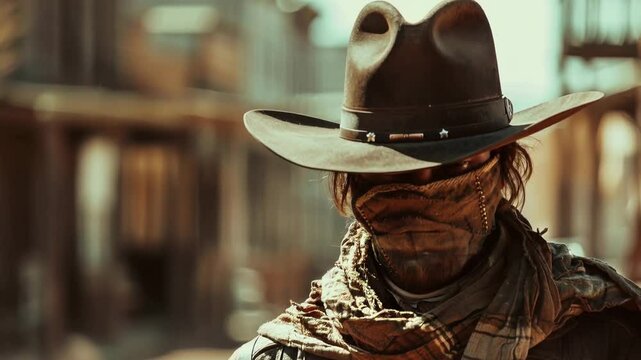 A video of a cowboy in a mask and hat, perfect for Wild West themed projects or historical reenactments.
