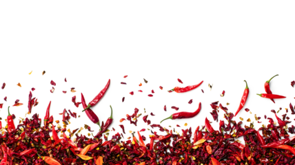 A white background with red peppers scattered all over it. The peppers are in various sizes and shapes, and they are falling from the top of the image. Scene is chaotic and disorganized