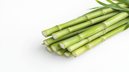 Fresh green bamboo stalks arranged neatly on white background, showcasing their vibrant color and natural texture