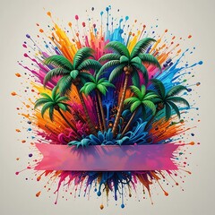 Palm Trees with Colorful Splash and Pink Banner for Your Message