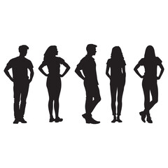 Silhouetted Stylish People in Various Poses Illustration. A collection of modern male and female silhouette figures standing in confident and casual postures.