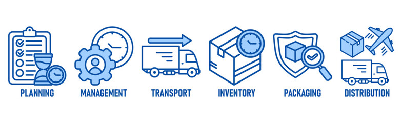 Logistics icon set and web header banner with buildings, trucking, people and shipping box