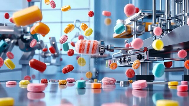 Colorful candies and confectionery being produced in a modern factory with vibrant machinery