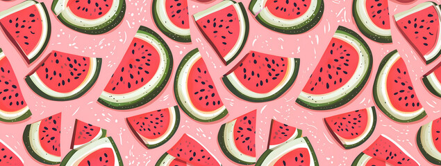 seamless repeat pattern with watermelon slices, colorful summer fruit illustration, pink background