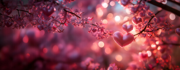 cherry blossoms with heart shapes, soft pink bokeh background, romantic dreamy spring photo