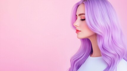 woman with beautiful long pastel purple silky hair, professional photoshoot