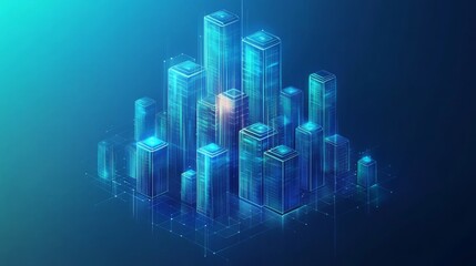Modern blue cityscape illustration with geometric building shapes and glowing accents