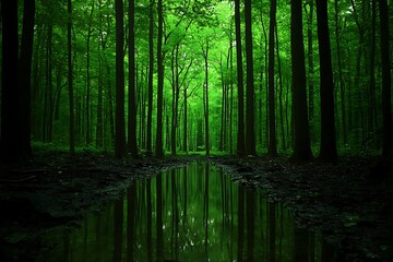 Fototapeta premium A vibrant green forest with water creating a reflection