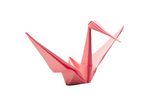 Pink Origami Paper Crane - Traditional Japanese Folded Bird on Transparent Background
