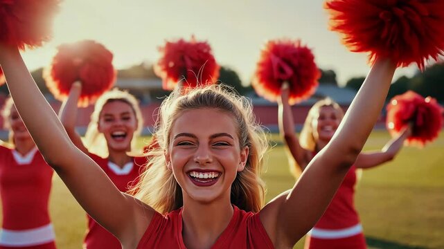 A group of cheerleaders joyfully cheer together, waving red pom poms and expressing excitement during a sporting event