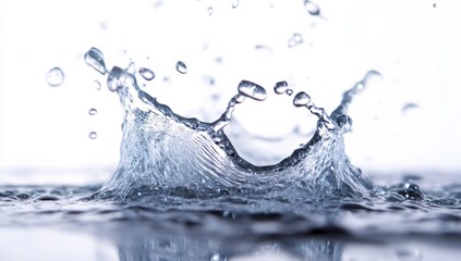 Water splash close-up.  Clear water droplets and a powerful splash form a dynamic pattern on a reflective surface