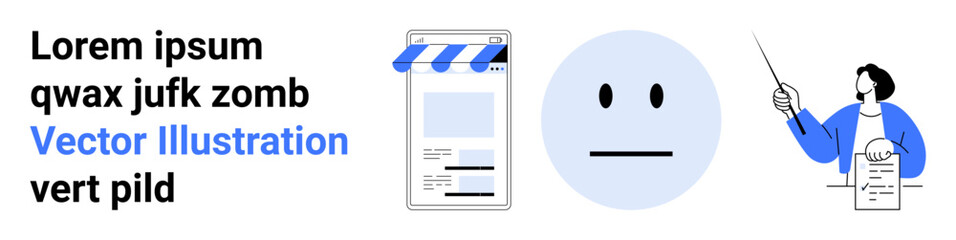 Online shop page under storefront awning, neutral face emotion, professional pointing at document. Ideal for e-commerce, emotion analysis, education, tutorials, presentations, UX simple landing page