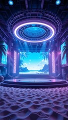 Stage with Beach Backdrop and Sand Floor Under Futuristic Lighting