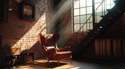 Cozy Leather Armchair in Bright Industrial Loft Interior Design