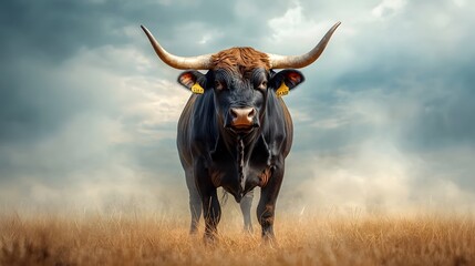 Powerful Angus Bull Stands Majestically in the Middle of a Cattle Ranch Its Muscular Body and Curved Horns Creating an Impressive Dominant Presence