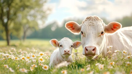 Obraz premium A young calf gently drinking milk from its attentive and nurturing mother in a serene and picturesque farmyard setting with soft morning light beautifully illuminating their tender connection
