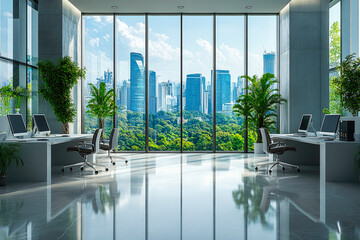 Ultra modern office interior with open plan layout, sleek furniture, and natural lighting
