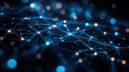 Abstract Digital Network Background with Glowing Blue and Orange Particles in Motion