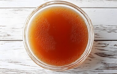 Overhead View of Delicious Homemade Bone Broth in Glass Bowl on Rustic White Wooden Table