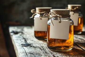 glass jars with blank labels, each filled with a brown liquid and tied at the top with twine, are placed on an old wooden table against a rustic background