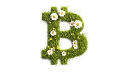 A green letter B with flowers on it. The letter B is made of grass and daisies