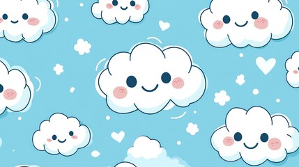 Happy clouds float on a blue sky, hearts and stars; cute background for kids