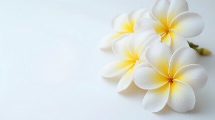Fototapeta premium A close up of three white flowers with yellow centers. The flowers are arranged in a row and are the focal point of the image. The white and yellow colors create a sense of freshness and purity