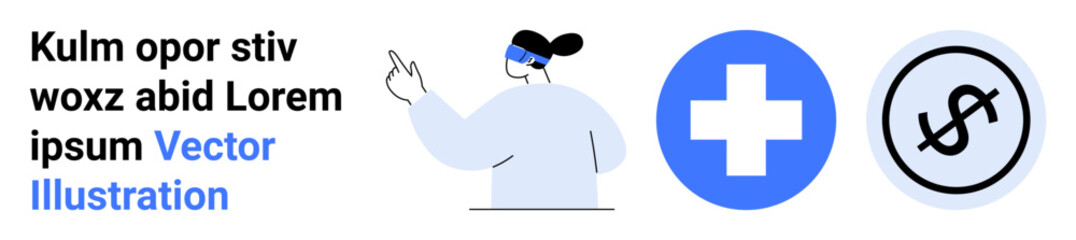 Obraz premium Female figure gesturing, blue medical cross, and dollar sign in circle. Ideal for healthcare, medical services, finance, insurance, education, awareness campaigns simple landing page