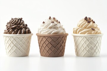 Three paper ice cream cups with different flavors of ice cream, set against a white background. 
