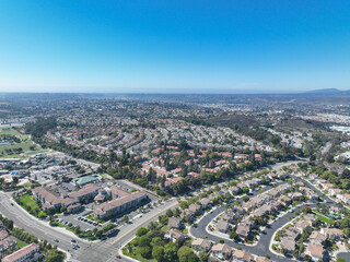Aerial view of middle class community identical condominium apartment, Oceanside, South California, USA.