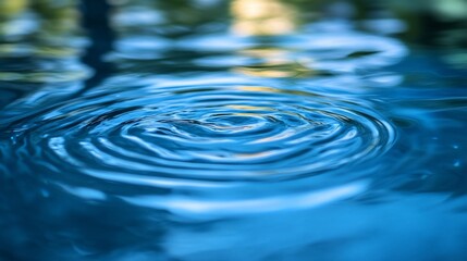 A single drop creates concentric ripples on a still, blue water surface