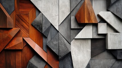 Abstract geometric wall art with wood and stone textures.