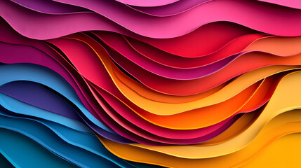 Colorful layered paper cut out design with vibrant waves creating dynamic abstract pattern. image features spectrum of colors including red, orange, yellow, and blue, evoking sense of movement and