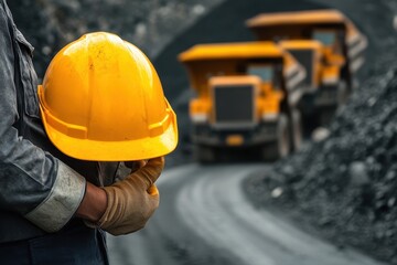 Fototapeta premium An engineer with a yellow helmet stands against a backdrop of coal mining trucks on the road