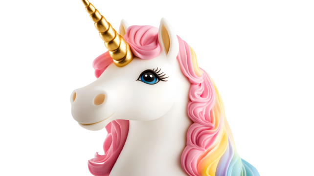 A unicorn with a pink and gold horn is shown on a white background. The unicorn is made of frosting and has a rainbow mane