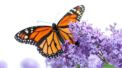 Naklejka premium A butterfly is perched on a purple flower. The butterfly is orange and black, and it is resting on the flower. Concept of tranquility and beauty, as the butterfly and flower are both delicate
