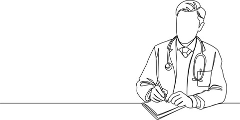 continuous single line drawing of medical doctor taking notes, line art vector illustration