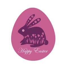 Vector illustration in pink tones with the text Happy Easter.Easter bunny card. Rabbit silhouette decorated with flowers in an egg-shaped frame. Violet rabbit on a pink background.