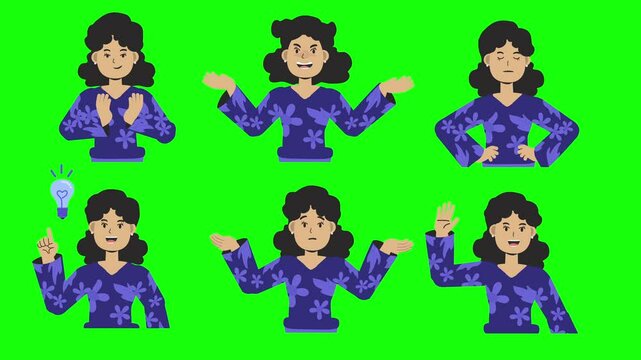Cute Girl Sticker Animation Character 6 Expressive Animated Gestures Reaction Expression Animation Set Bundle Say Hi Nope Evil Laugh Clap Nod Confuse Greenscreen Seamless Loop Cut 3s or 6s Each 2D