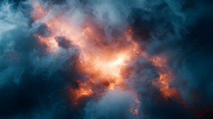 Obraz premium dramatic scene of swirling smoke and fog illuminated by cinematic light creates mystical atmosphere. interplay of light and shadow enhances ethereal quality of image