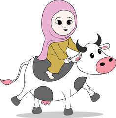 Hijabi Woman with a Cow for Eid al-Adha