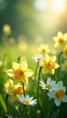Fototapeta premium Artistic composition of daisies and daffodils in sunlight, sunshine, petals