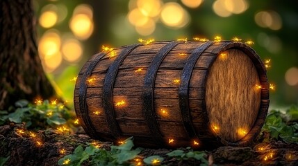 Moss Covered Barrel with Fireflies in a Mystical Forest