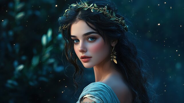 Ancient Greek Mythology Goddess of Magic Circe as a beautiful young woman with smooth at garden in night time 