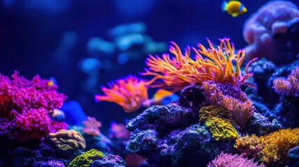 Coral reefs glow vibrantly under UV light at night, showcasing a stunning array of colors and textures in an underwater paradise