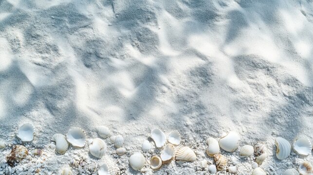 A pristine white sandy ocean floor adorned with scattered seashells, reflecting tranquil ocean vibes and natural beauty